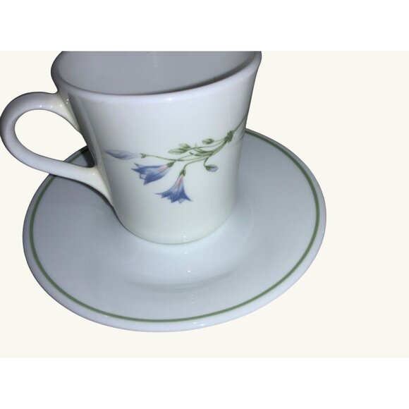 Corelle by Corning Blue Dusk Flat Two Cups & Saucers Blue Flowers Green Band - Picture 3 of 6